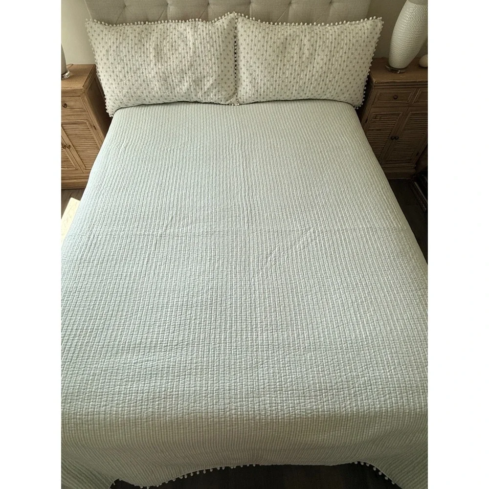 Boho Quilted King Bedding Set White Sage Green Pom Pom Trim Quilt 2 Shams